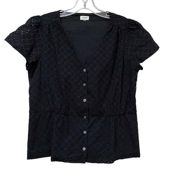 J. Crew Medium Black 💯 Cotton Cap Sleeve Eyelet Button Down Career Blouse O - Picture 1 of 5